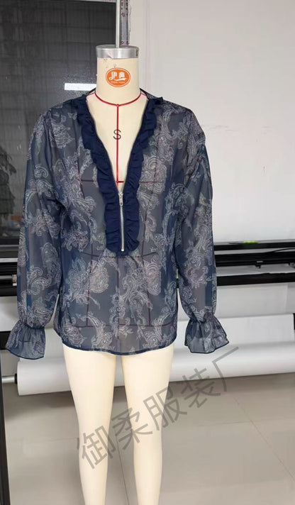 Romantic Boho Deep V-Neck Paisley Ruffle Chiffon Shirt