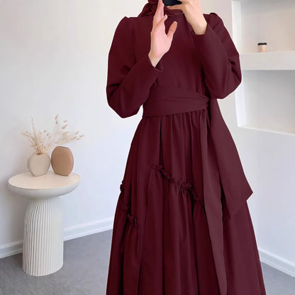 Hem Maxi Dress with High Waist and Flowing Skirt Solid Color Fitted Waist, Long Dress