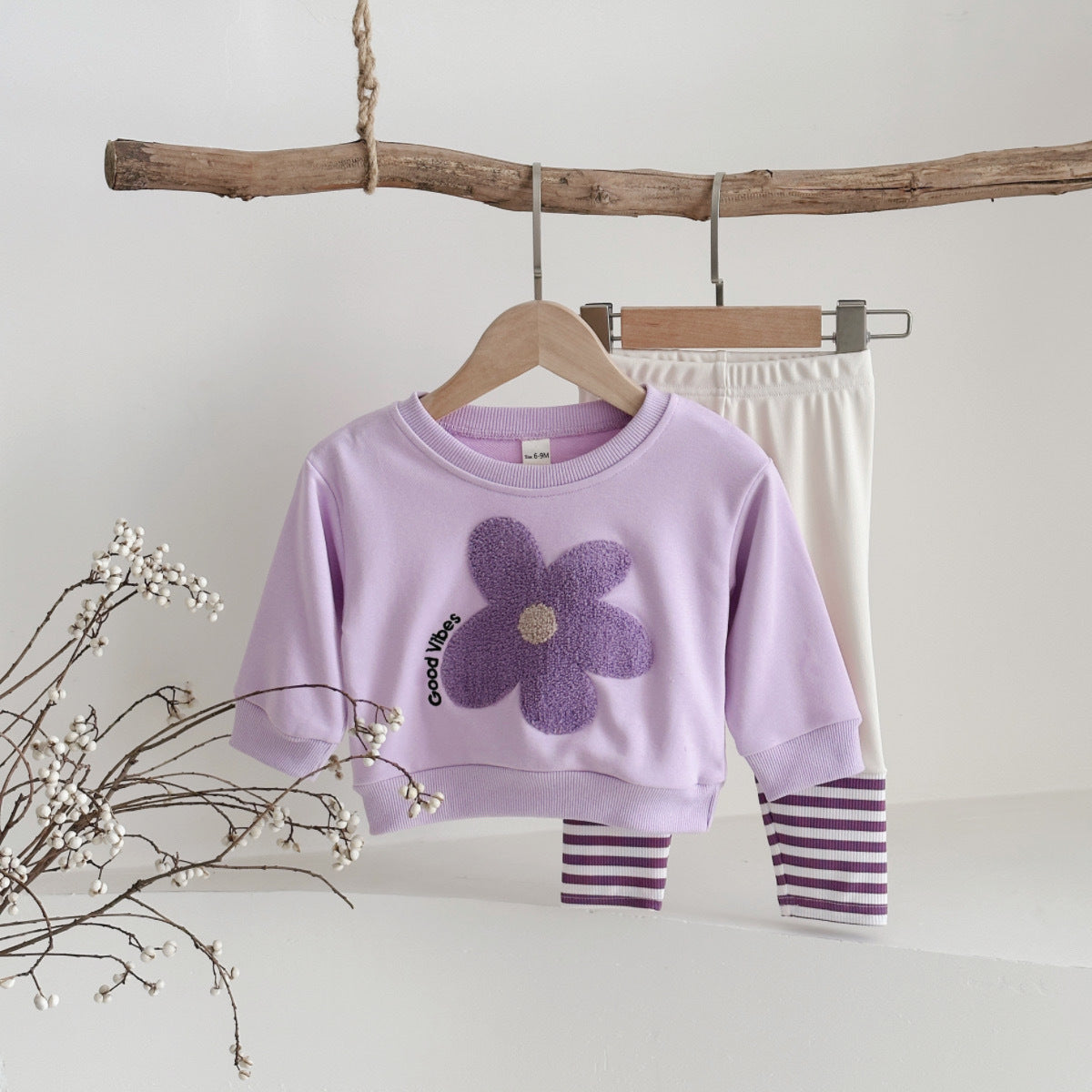 Flower patch hoodie striped pants two-piece set