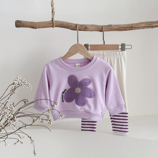 Flower patch hoodie striped pants two-piece set
