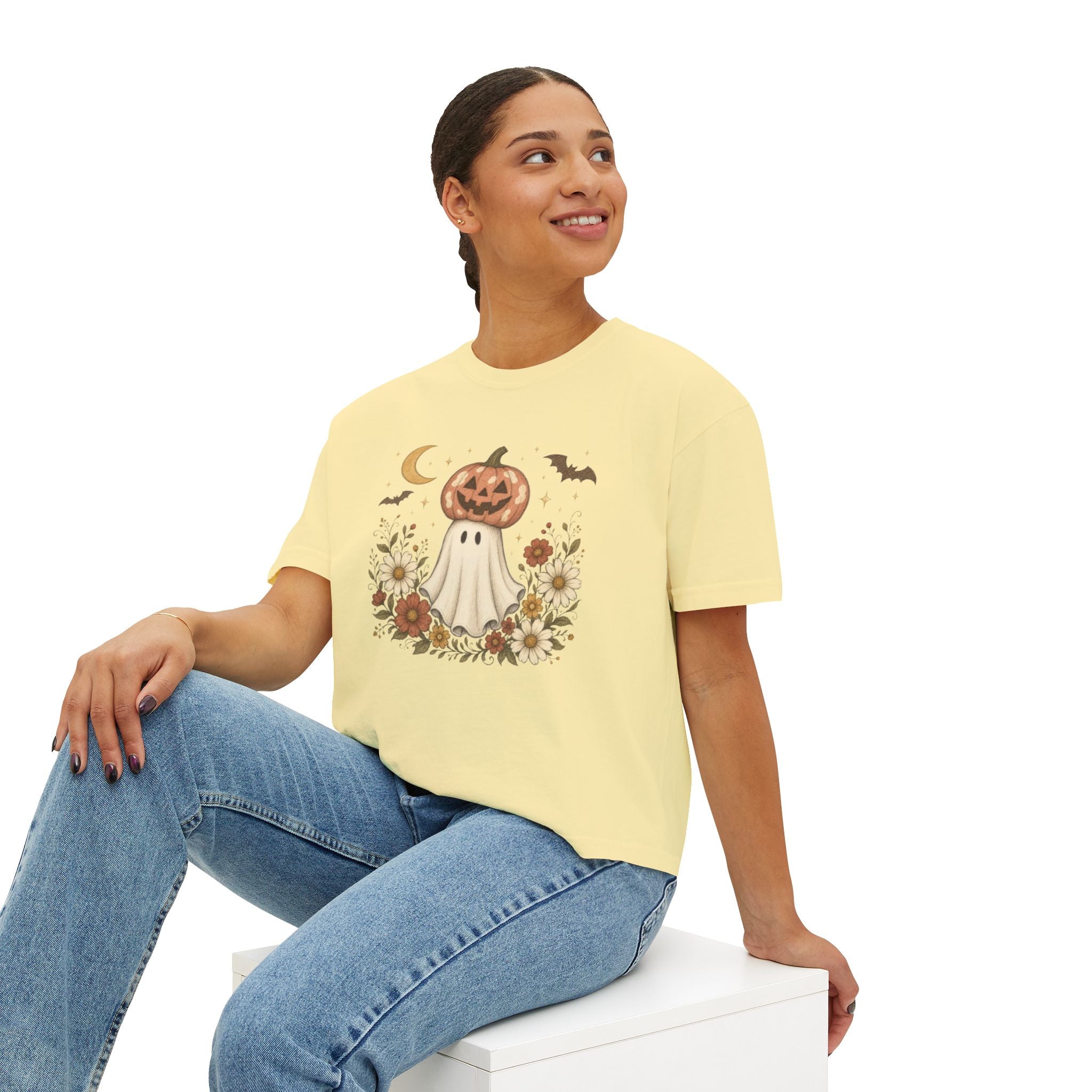 Halloween Pumpkin Ghost Floral Boxy Tee
