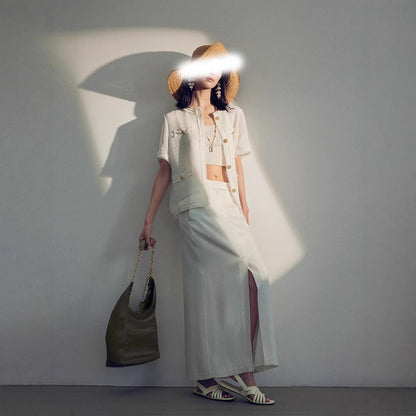 Summer Lightweight Open Front Blouse, Cotton-Polyamide Blend Cool-Feeled Short Sleeve Top with Hem Fringe, Chanel-Style Round Neck