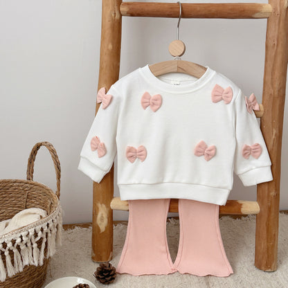 Bow decoration hoodie+high waisted elastic flared pants set