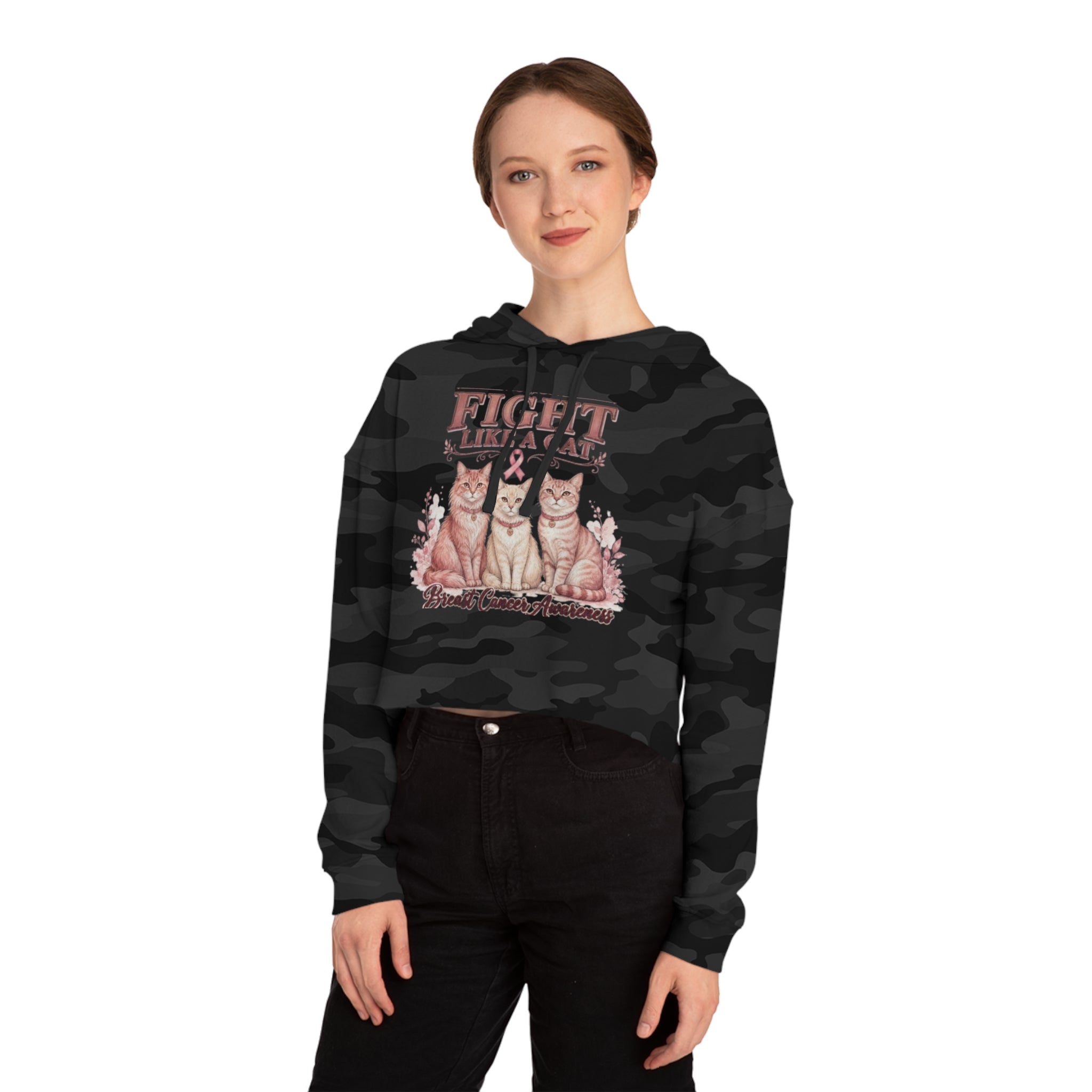 Fight Like a Cat Cropped Hoodie — Breast Cancer Awareness Women’s Sweatshirt
