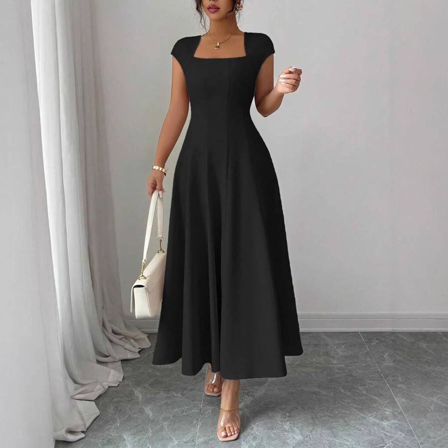 Chic Long Dress Women's Square Neck Short Sleeve Dress