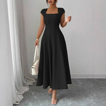 Chic Long Dress Women's Square Neck Short Sleeve Dress