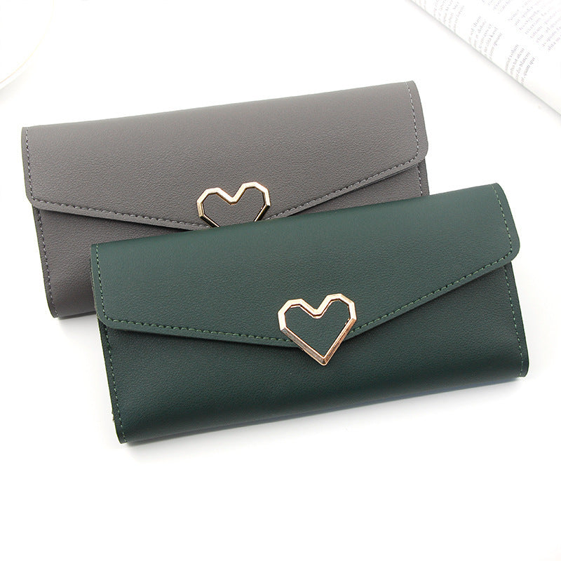 Long portefeuille en cuir uni en forme de cœur avec plusieurs fentes pour cartes, portefeuille à boucle, grande capacité, sac à main