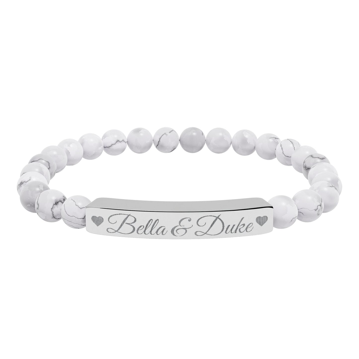 Engravable Natural Stone Bar Bracelet — Personalized Stretch Beaded Bracelet (e.g., "Bella & Duke")