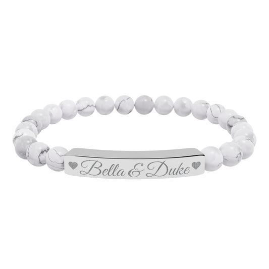 Engravable Natural Stone Bar Bracelet — Personalized Stretch Beaded Bracelet (e.g., "Bella & Duke")