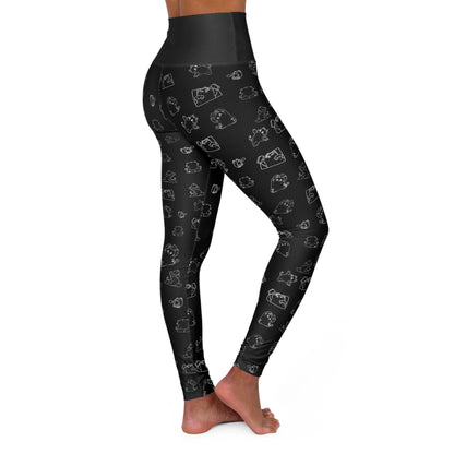 Black High-Waisted Yoga Leggings with Subtle Sketch Cat Pattern