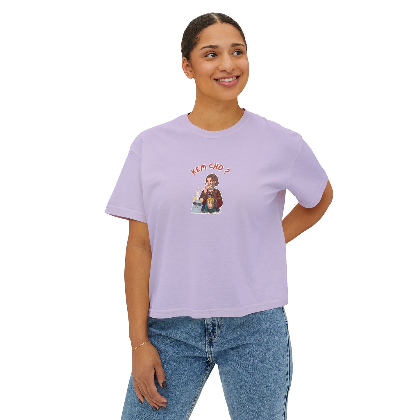 Boxy Tee — Cute Korean Phrase Graphic "Kem Cho?" Cropped Women's Tee