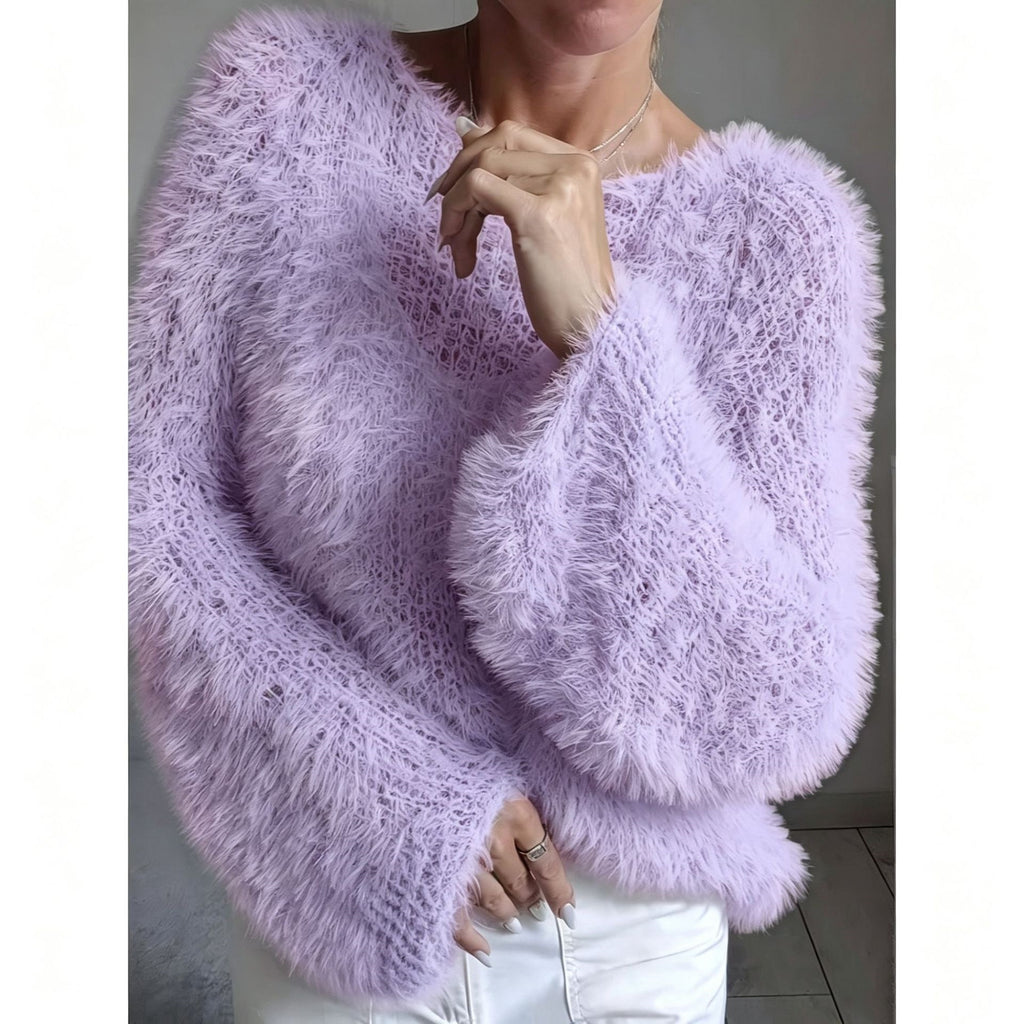 Women's macaron round neck fluffy solid color long sleeved fur top