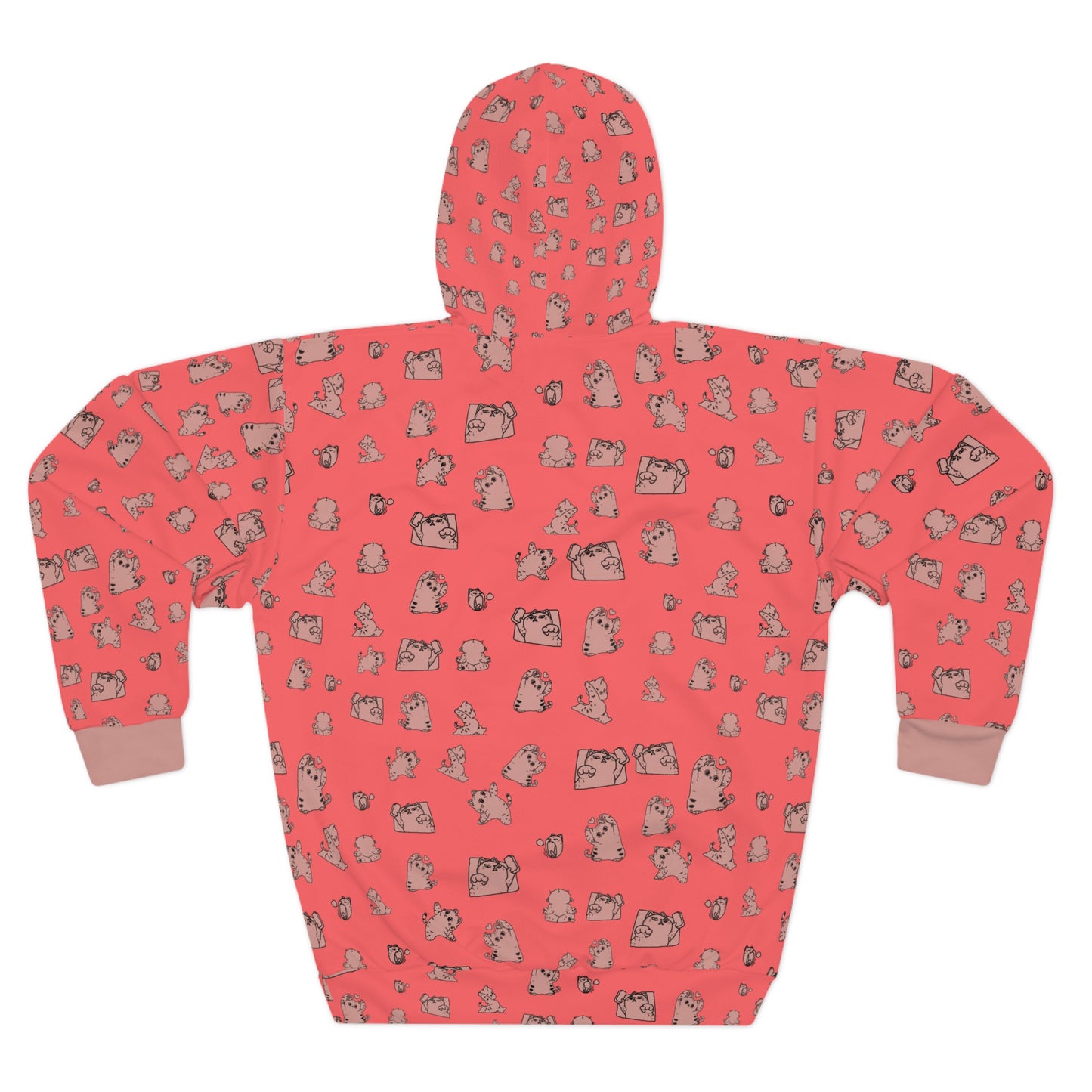 Cute Cat Pattern Hoodie – Coral All-Over Print Pullover