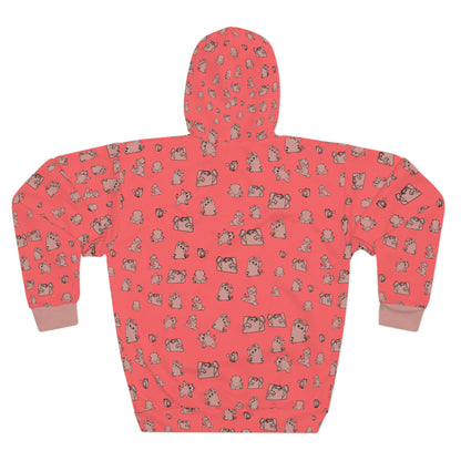 Cute Cat Pattern Hoodie – Coral All-Over Print Pullover