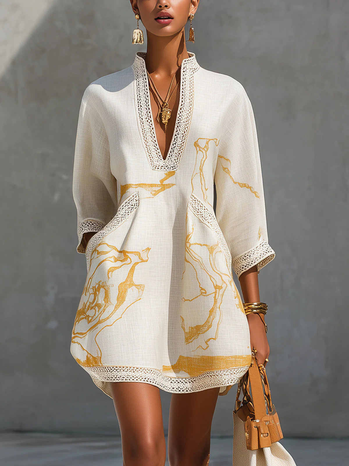 Printed lace trimmed seven quarter sleeved cotton linen short dress