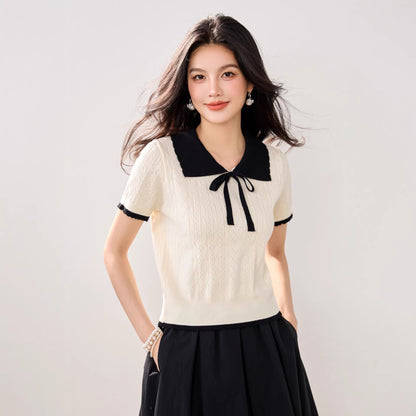 Cute Color-Blocking Short Sleeve Knit Top for Women, Summer Lightweight Skin-FriendlyBreathable Tie-Bow Design Sweet and Youthful Look