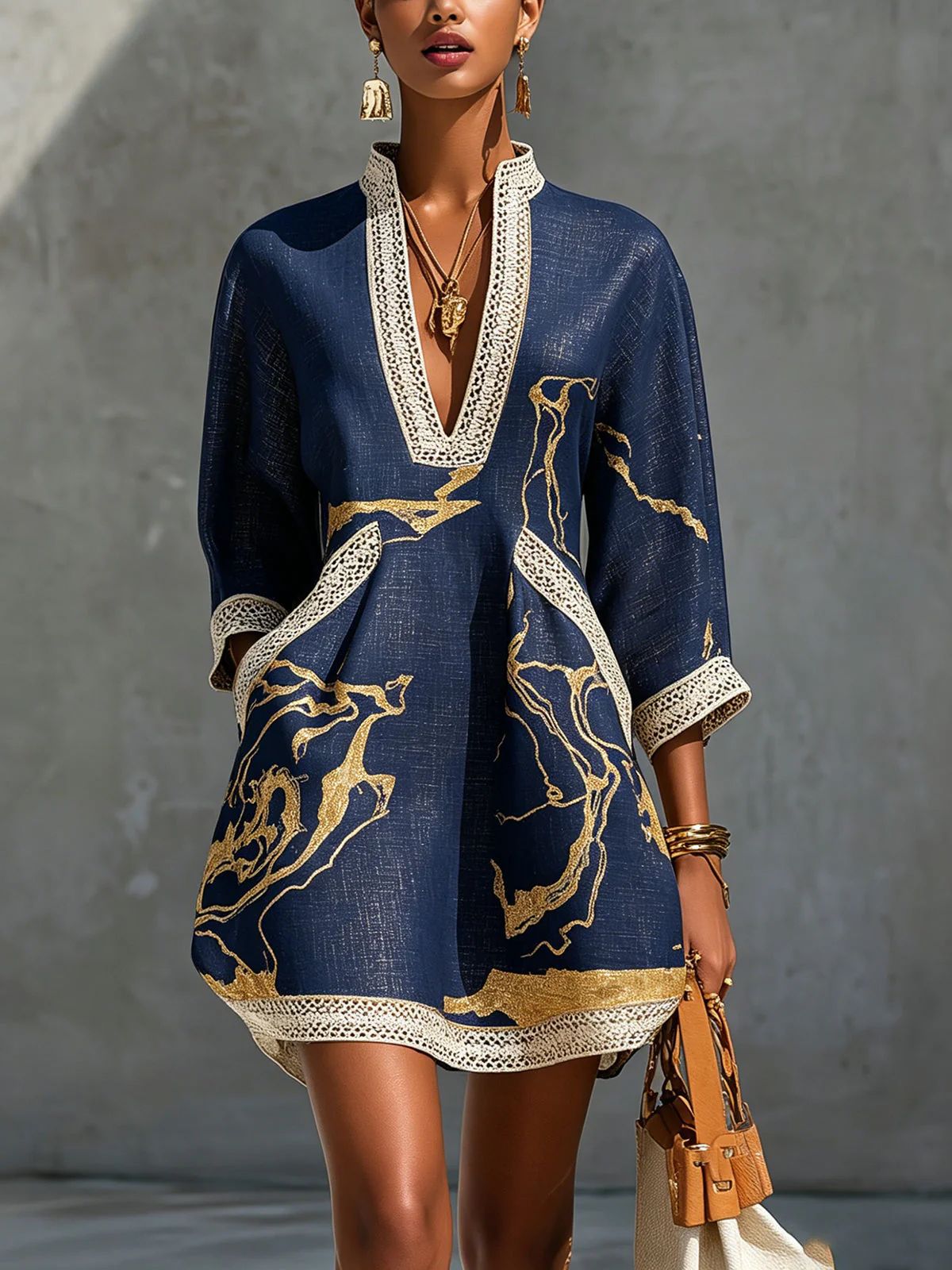 Printed lace trimmed seven quarter sleeved cotton linen short dress