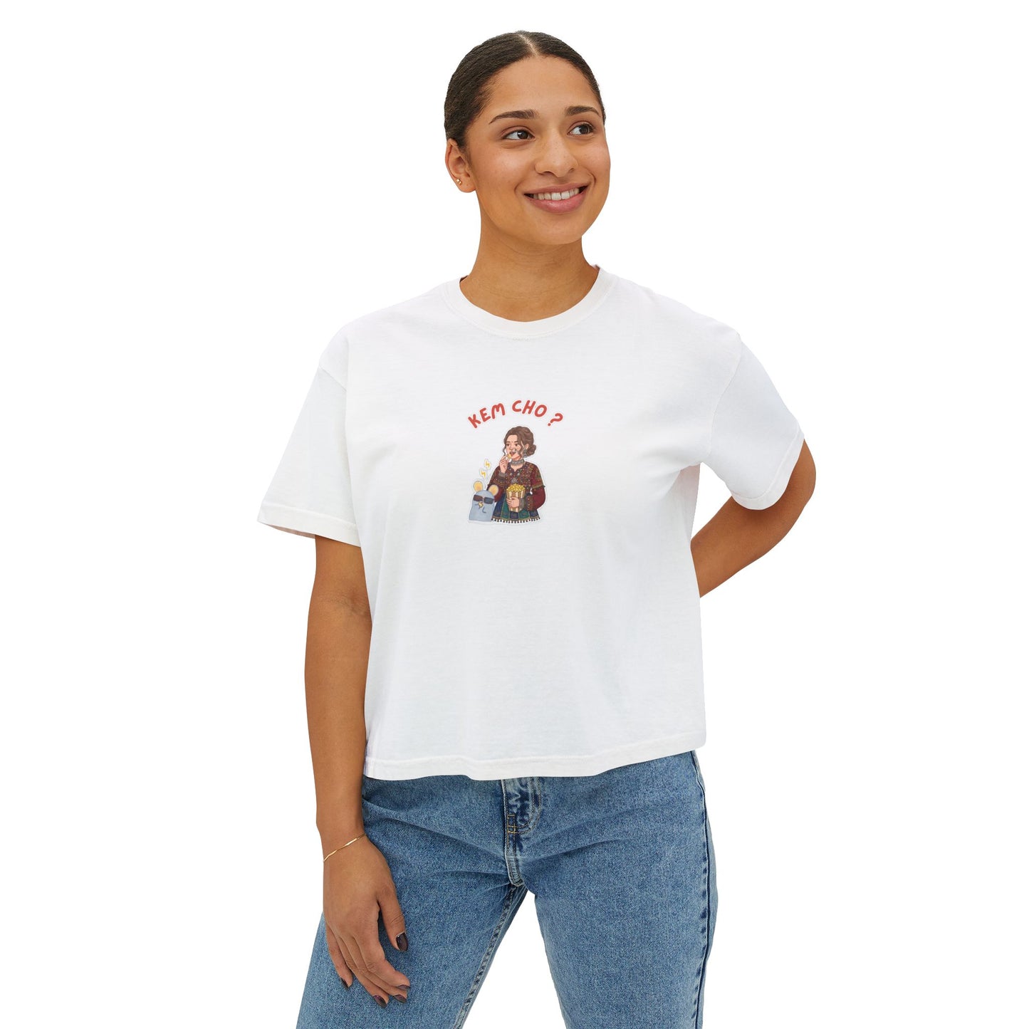 Boxy Tee — Cute Korean Phrase Graphic "Kem Cho?" Cropped Women's Tee