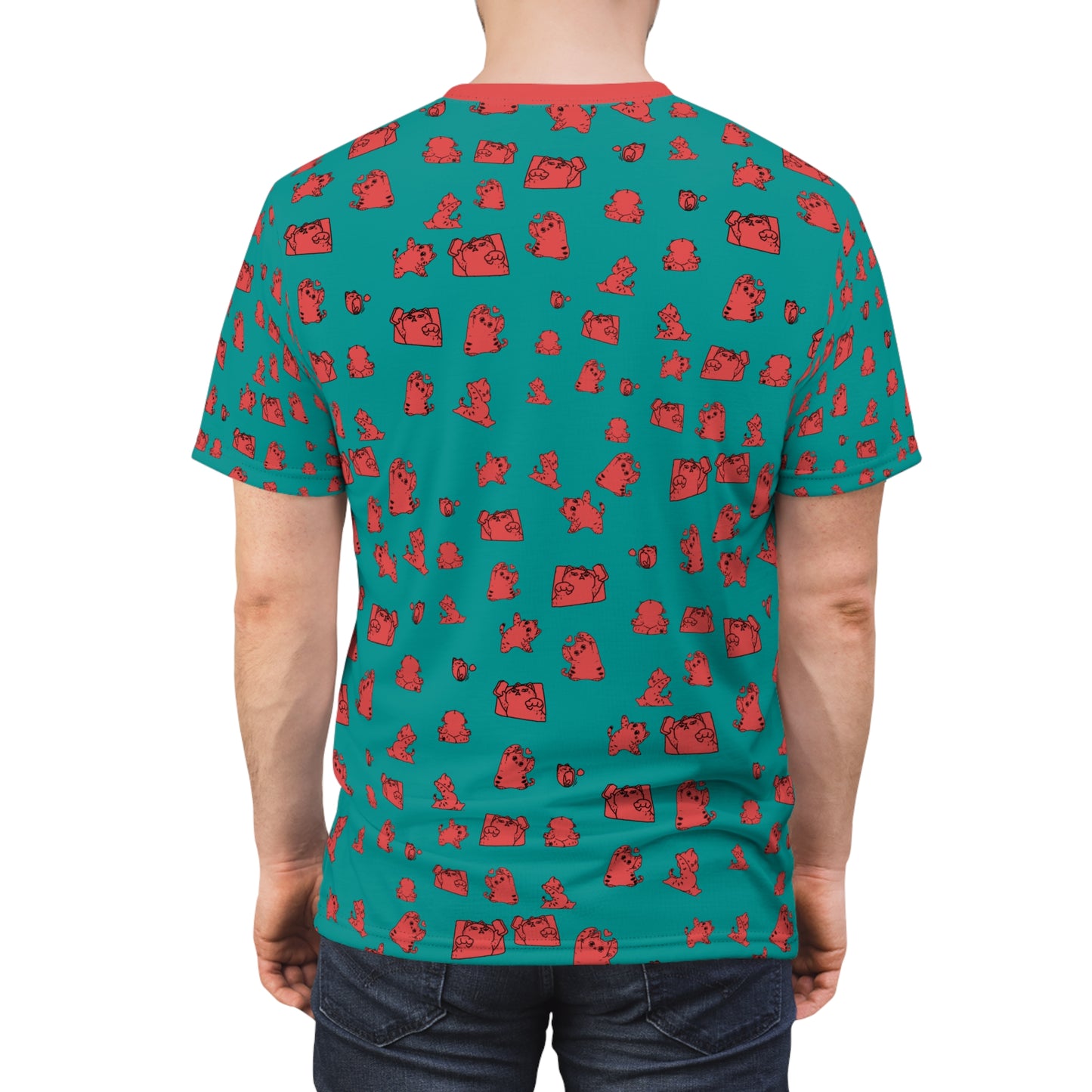 Teal All-Over Print Tee with Cute Cat Pattern