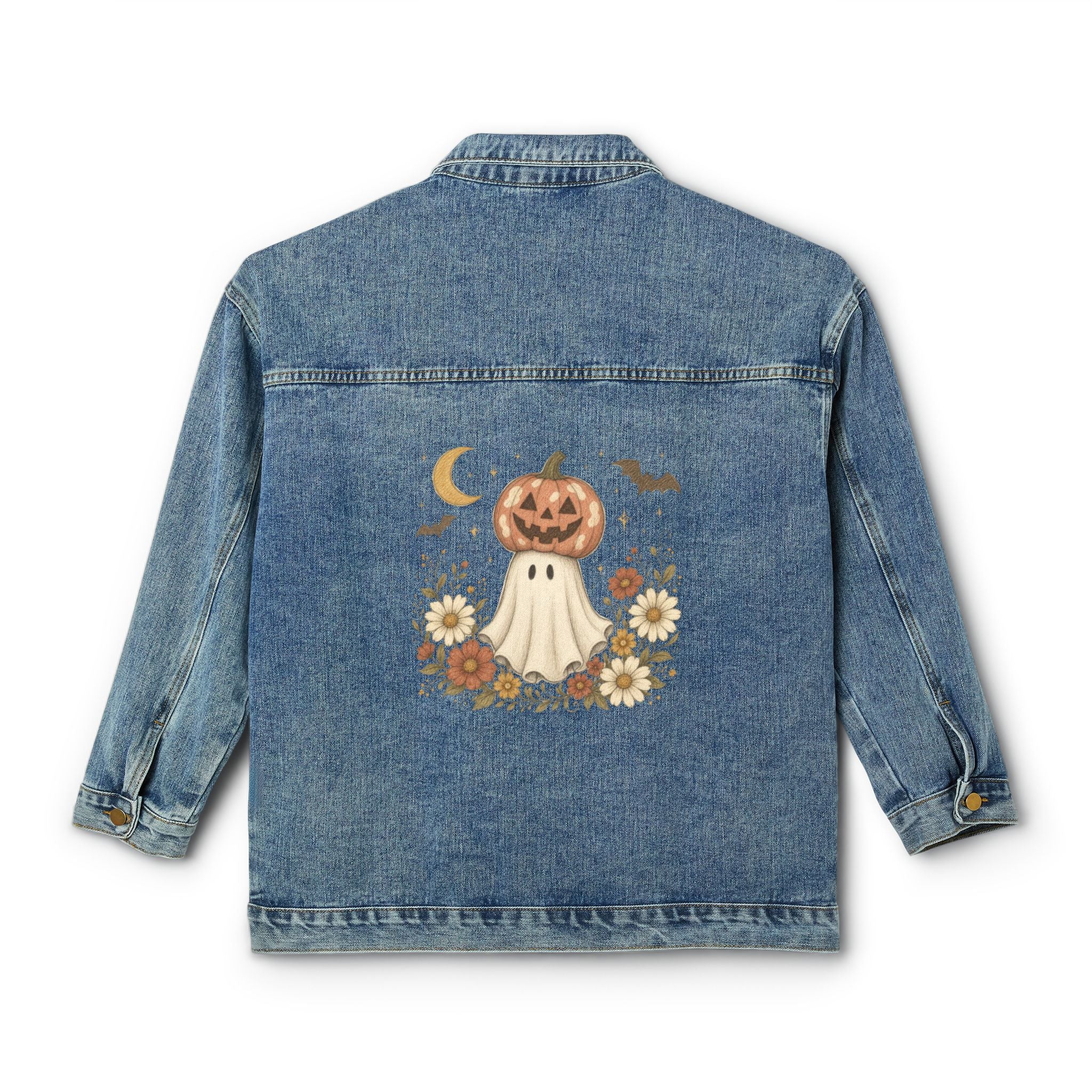 Women's Denim Jacket with Pumpkin Ghost Backprint — Cute Fall Halloween Jacket