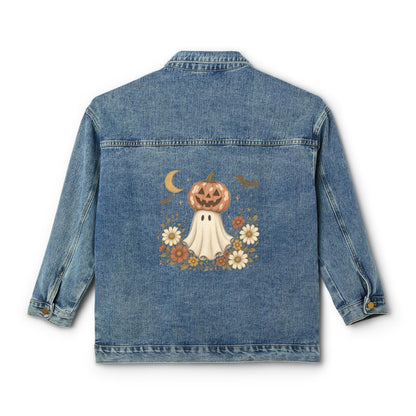 Women's Denim Jacket with Pumpkin Ghost Backprint — Cute Fall Halloween Jacket
