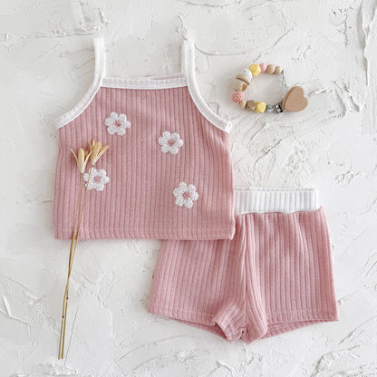 Summer flower embroidery square neck breathable two-piece set for girls