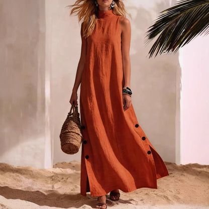 Elegant Zipper Stand Collar Slit Long Dress with Slim Fit