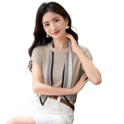 Scarf Tie Round Neck Straight Shoulder Ice Silk Knit Short Sleeve T-Shirt for Women Summer Design Sense Unique Fitted Top