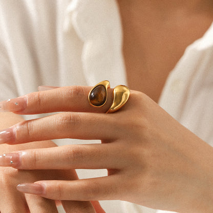 Waterdrop shaped stainless steel inlaid tiger eye stone ring