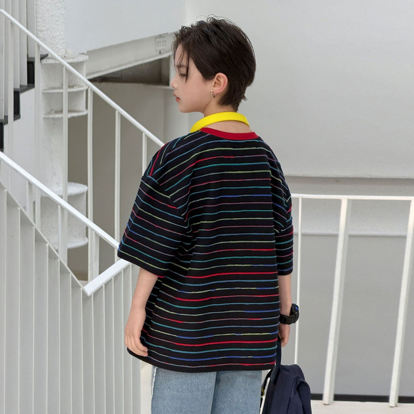 Boys' summer jacquard striped round neck short sleeved shirt