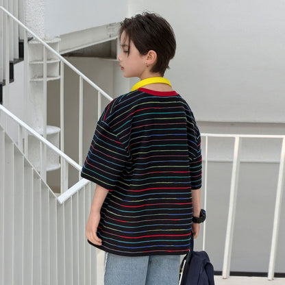 Boys' summer jacquard striped round neck short sleeved shirt