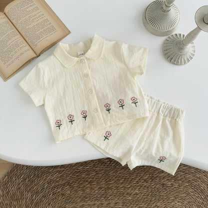 Cute embroidered floral shirt cardigan shorts set