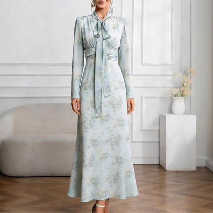 Elegant Floral Long Sleeve Maxi Dress with Tie Waist for Women