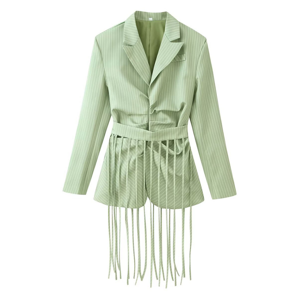 Striped lapel with detachable tassel waistband suit jacket