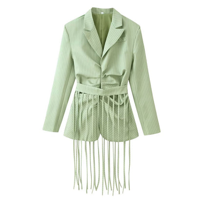 Striped lapel with detachable tassel waistband suit jacket