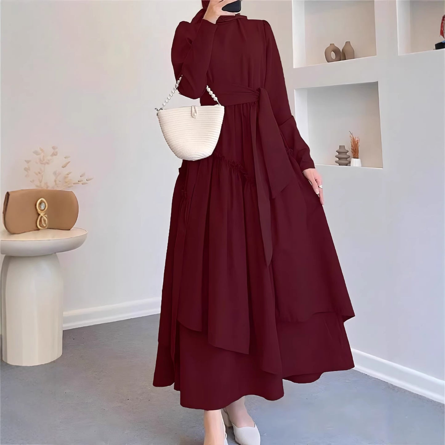 Hem Maxi Dress with High Waist and Flowing Skirt Solid Color Fitted Waist, Long Dress