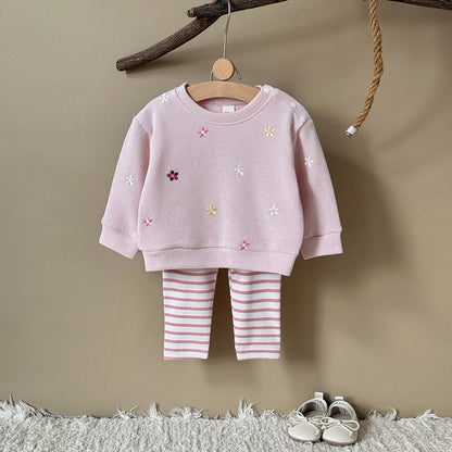 Floral embroidery pullover hoodie long sleeved long pants two-piece set