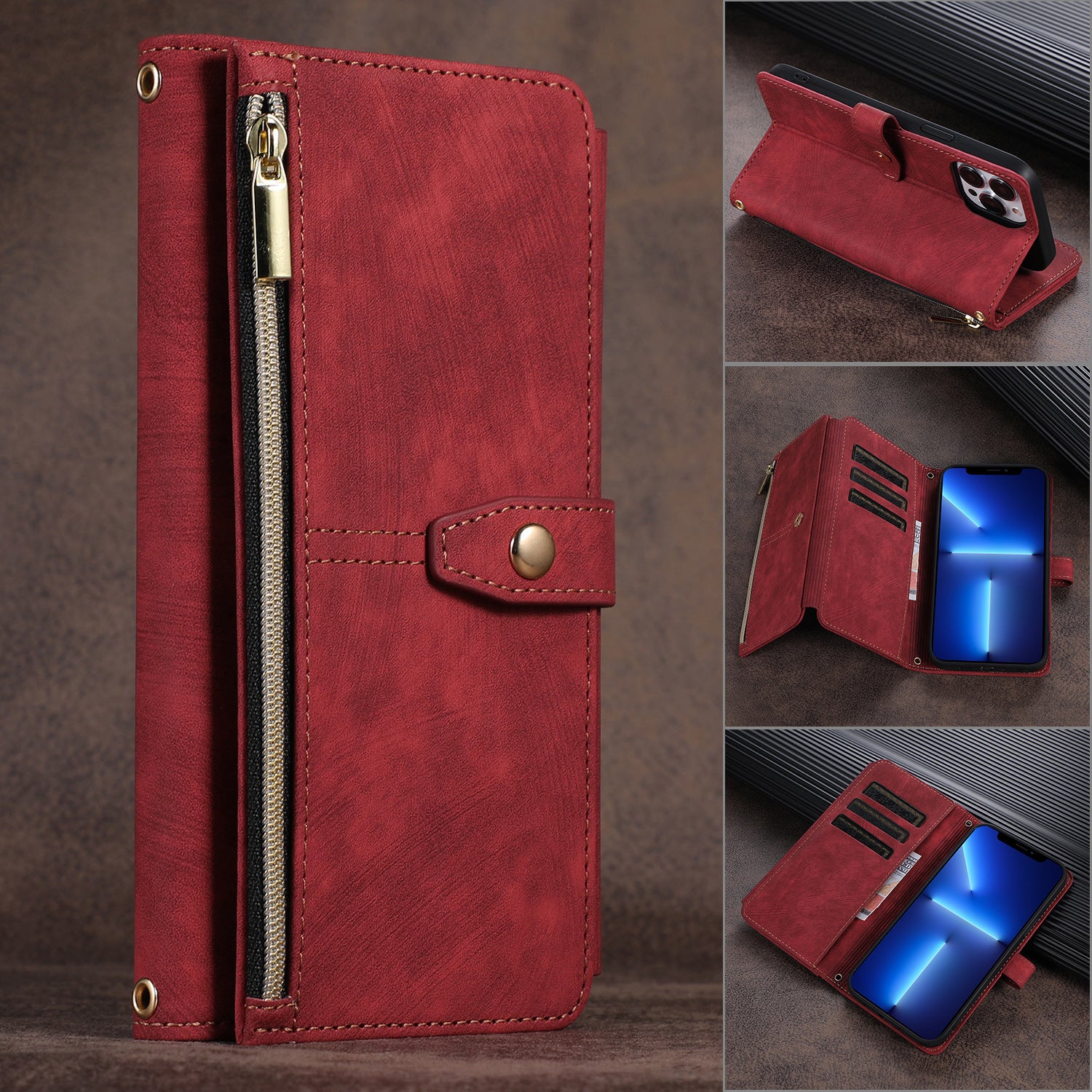 Convient pour sac à fermeture éclair multi-fentes IP14PROMAX, étui de protection pour téléphone portable croisé Apple 13pro, étui en cuir à rabat