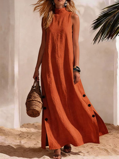 Elegant Zipper Stand Collar Slit Long Dress with Slim Fit