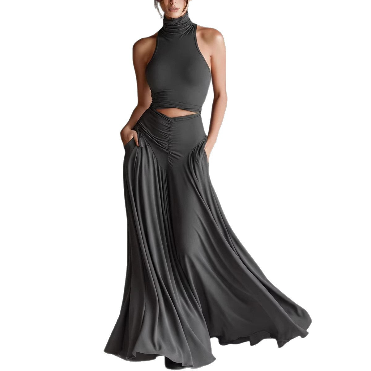 Ensemble deux pièces style top sans manches col montant et élégante robe longue