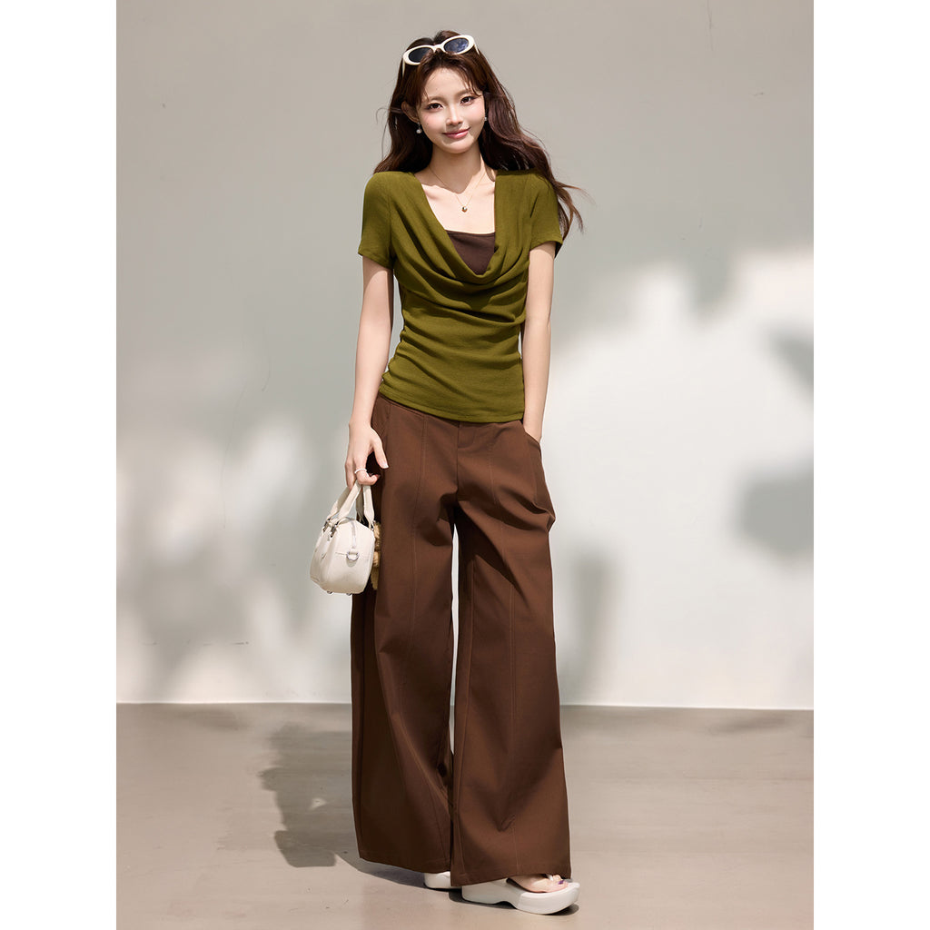 False Two-Piece Drape Neck Short Sleeve T-Shirt