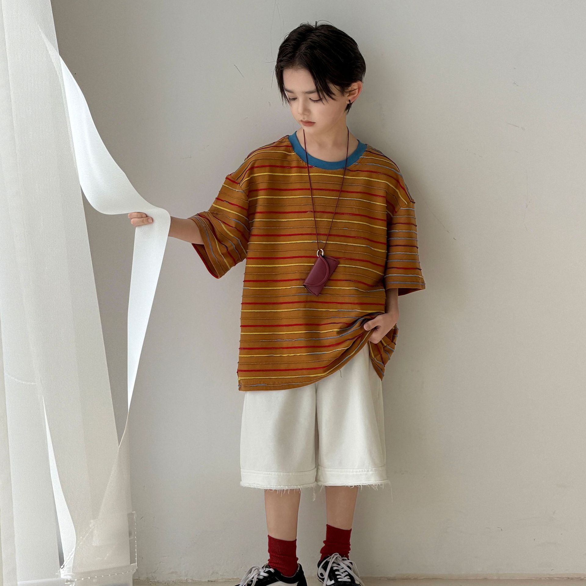 Boys' summer jacquard striped round neck short sleeved shirt