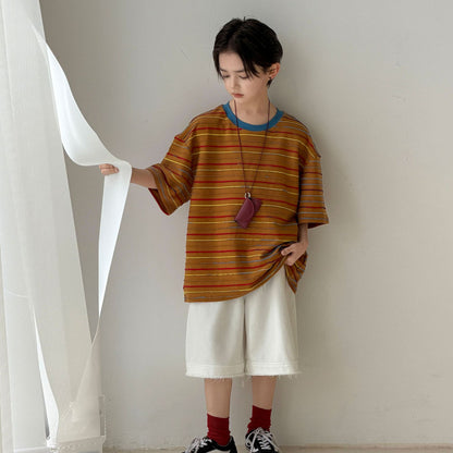 Boys' summer jacquard striped round neck short sleeved shirt