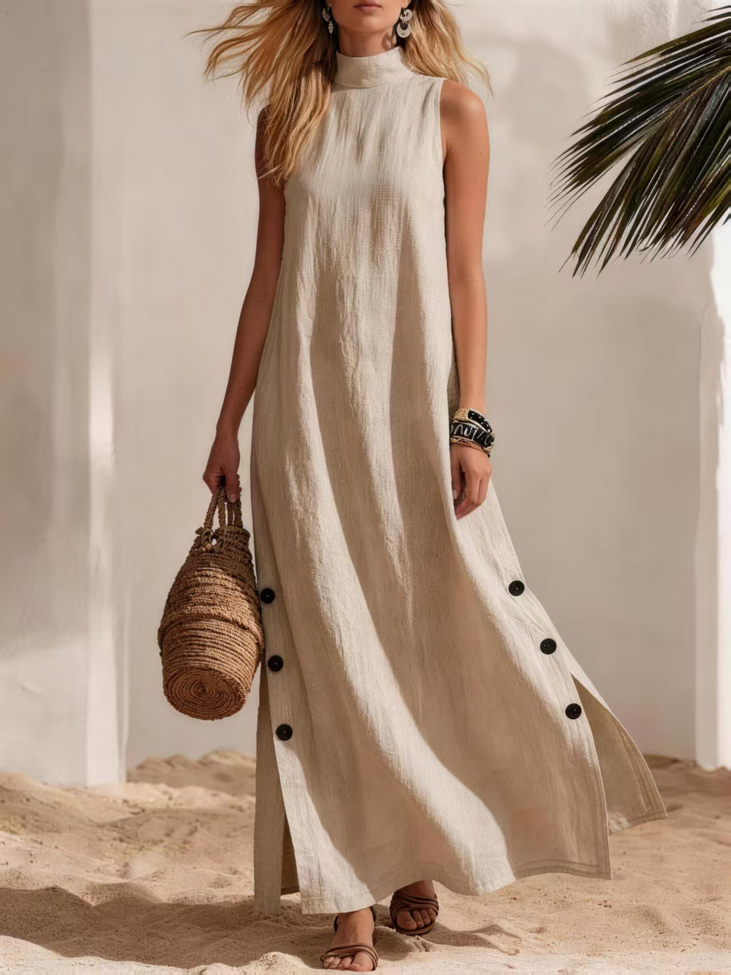 Elegant Zipper Stand Collar Slit Long Dress with Slim Fit