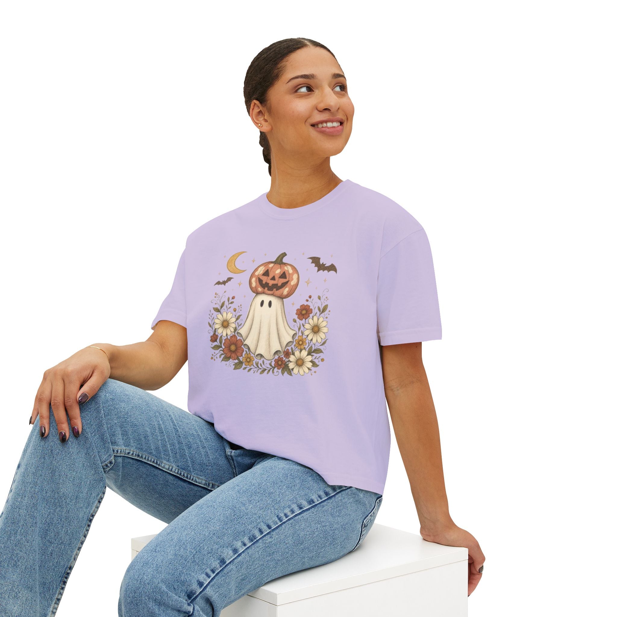 Halloween Pumpkin Ghost Floral Boxy Tee