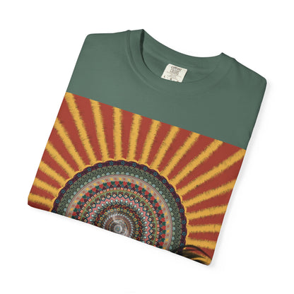 Sunburst Mandala T-shirt | Retro Radiant Spiral Graphic