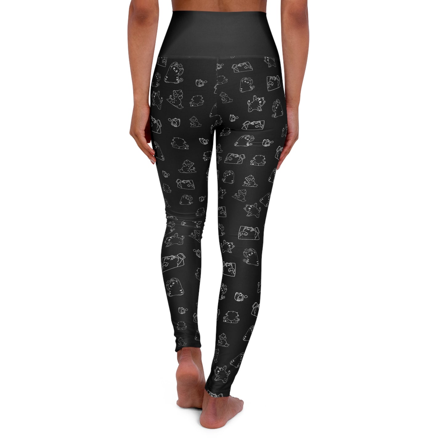 Black High-Waisted Yoga Leggings with Subtle Sketch Cat Pattern