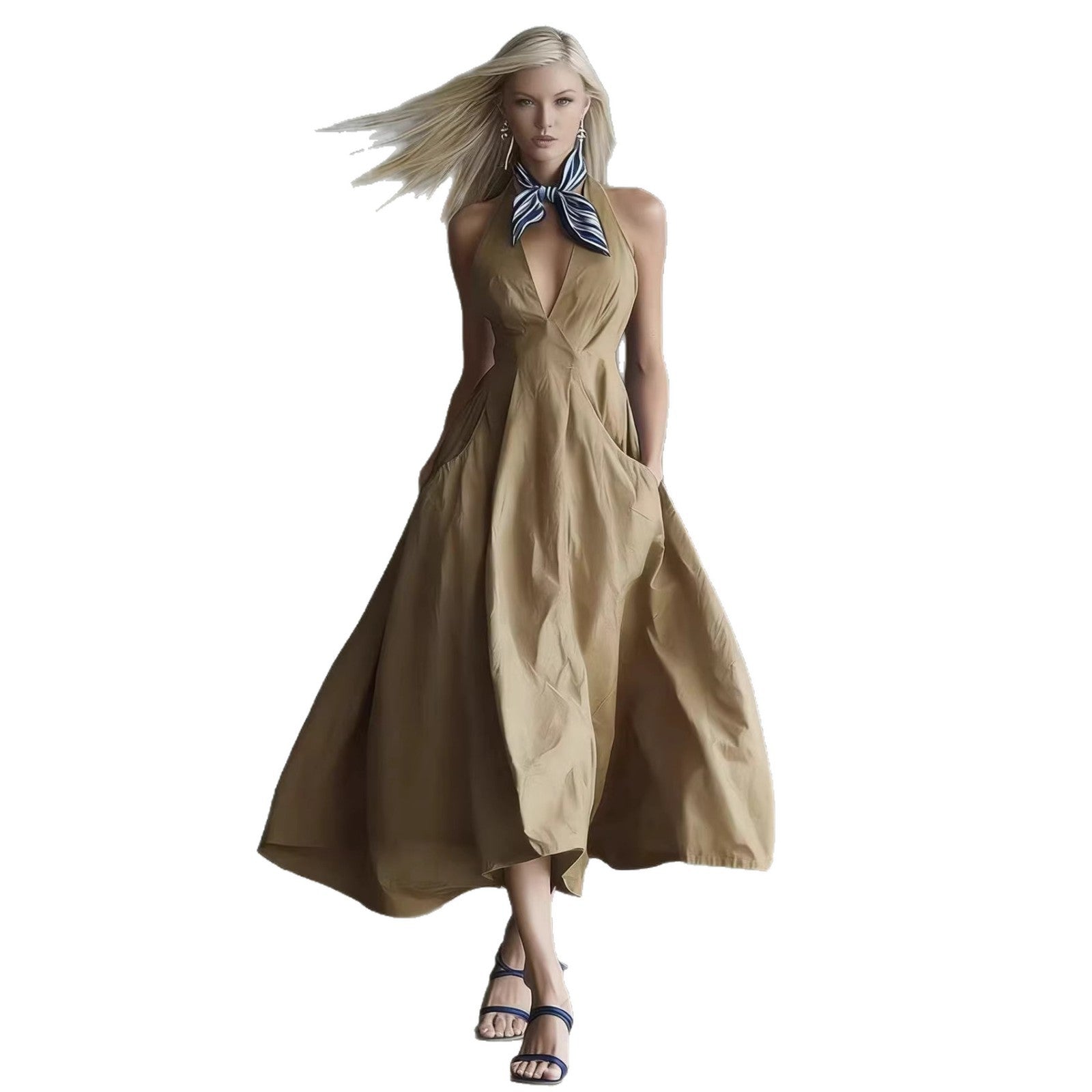 Elegant Vintage Resort Sleeveless Tie-Waist V-Neck A-Line Mid-Length Dress for Women