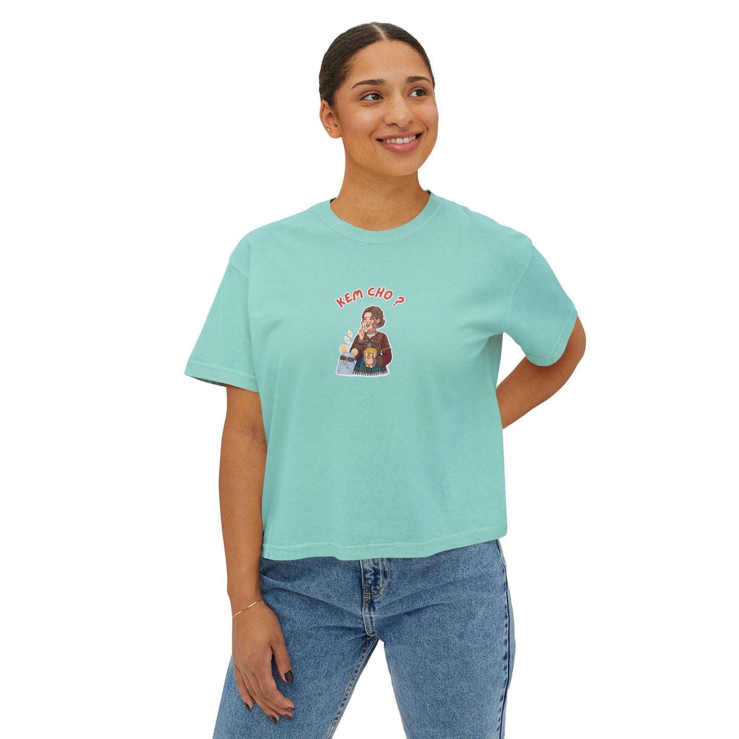 Boxy Tee — Cute Korean Phrase Graphic "Kem Cho?" Cropped Women's Tee