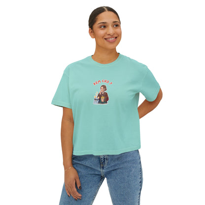 Boxy Tee — Cute Korean Phrase Graphic "Kem Cho?" Cropped Women's Tee
